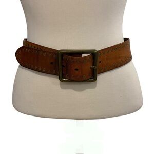 Vintage Brown Studded Leather Belt Brass Buckle Wide Y2K Western Boho Style